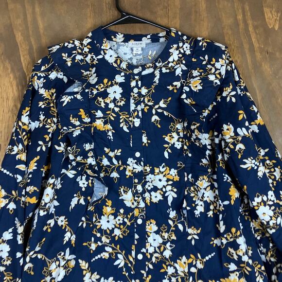 J Crew Womens Blouse Blue Multicolored Floral Ruffle Button Down Long Sleeve M - Picture 2 of 12